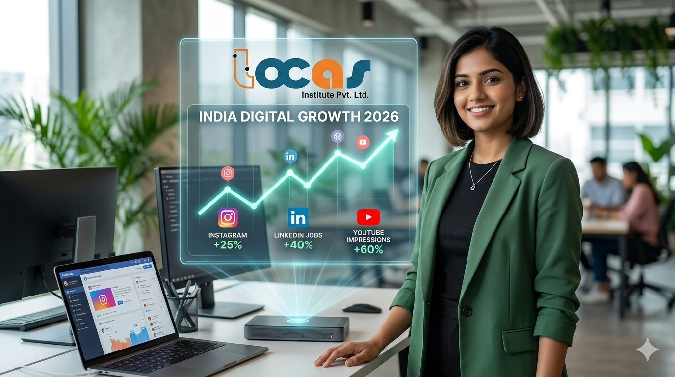 Future-focused digital marketer visualizing high growth trends for India in 2026, featuring SEO and social media data.