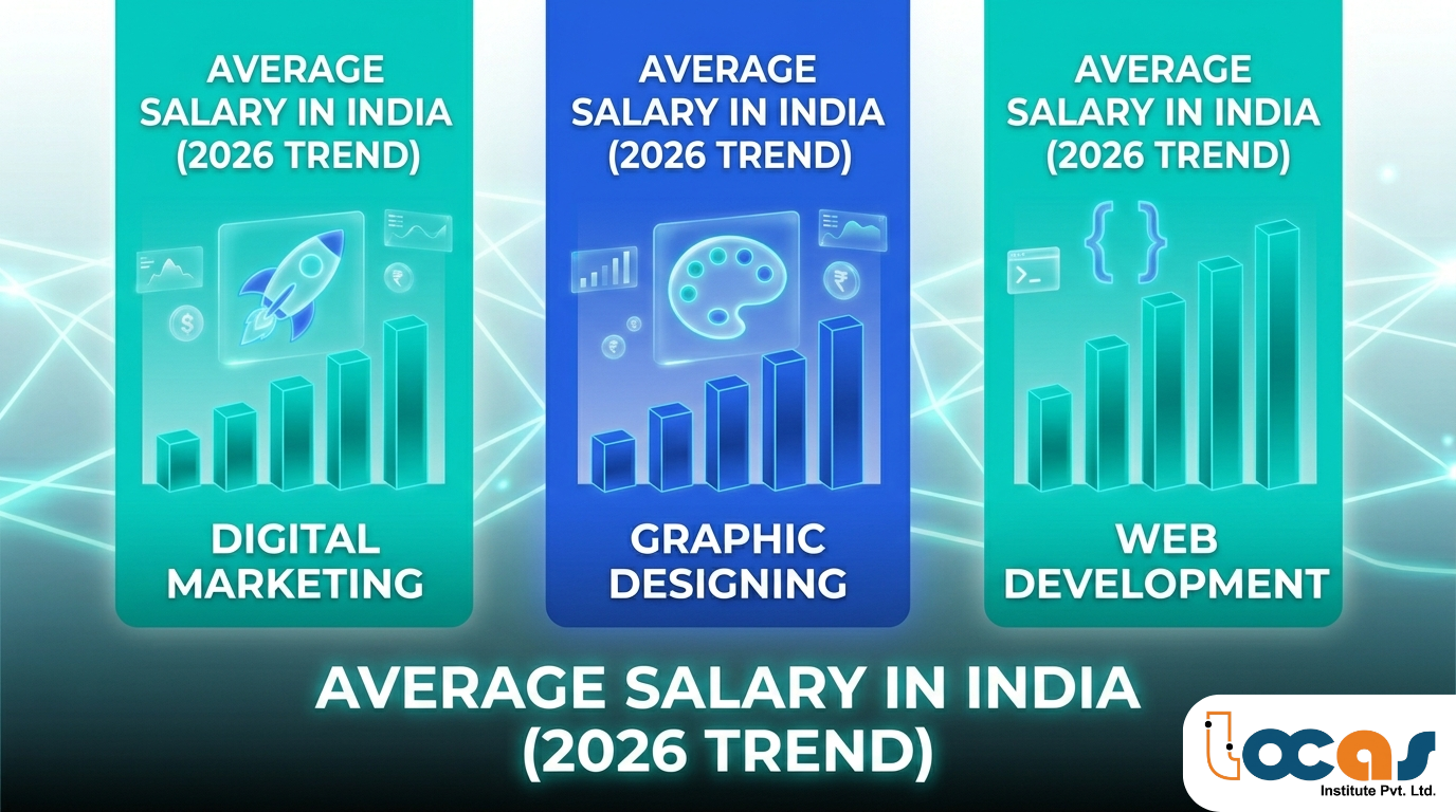 An infographic comparing banner by LOCAS Institute Pvt. Ltd. , the average salary trends in India (LPA) for Web Development, Digital Marketing, and Graphic Design.
