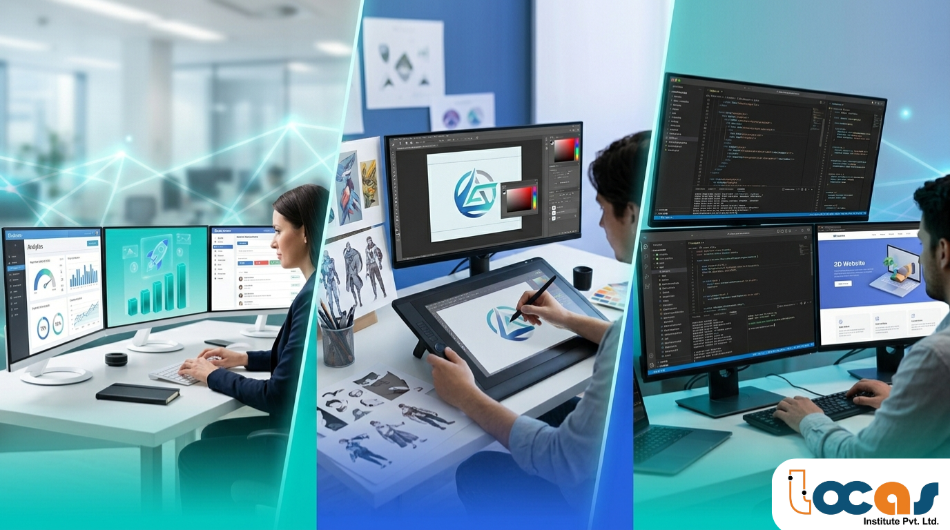 A split-screen visualization banner by LOCAS Institute Pvt. Ltd. , of three professional desk setups showing different work environments: Digital Marketing analytics, Graphic Design illustration, and Web Development coding