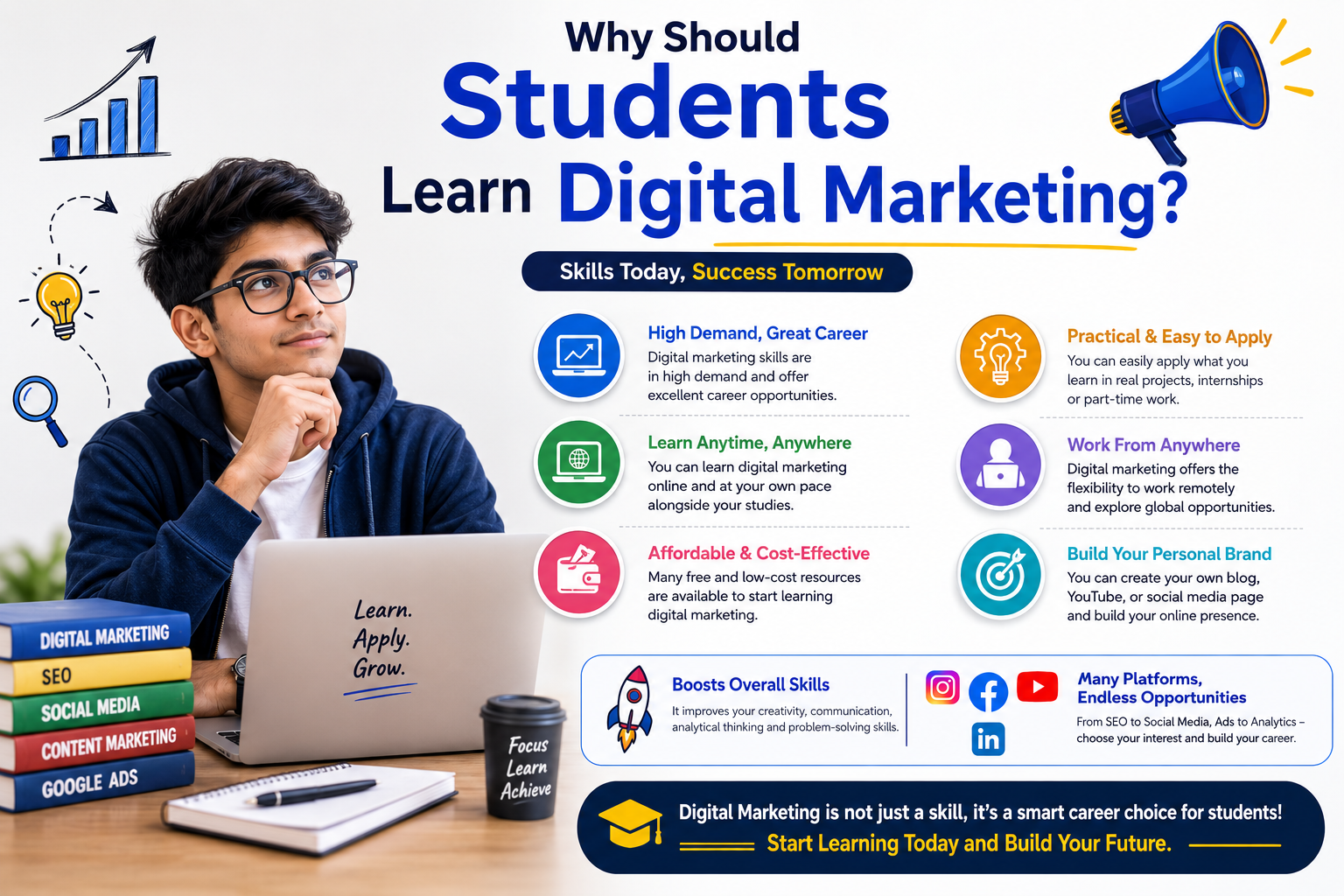 Student learning digital marketing skills for career growth internships and freelancing opportunities