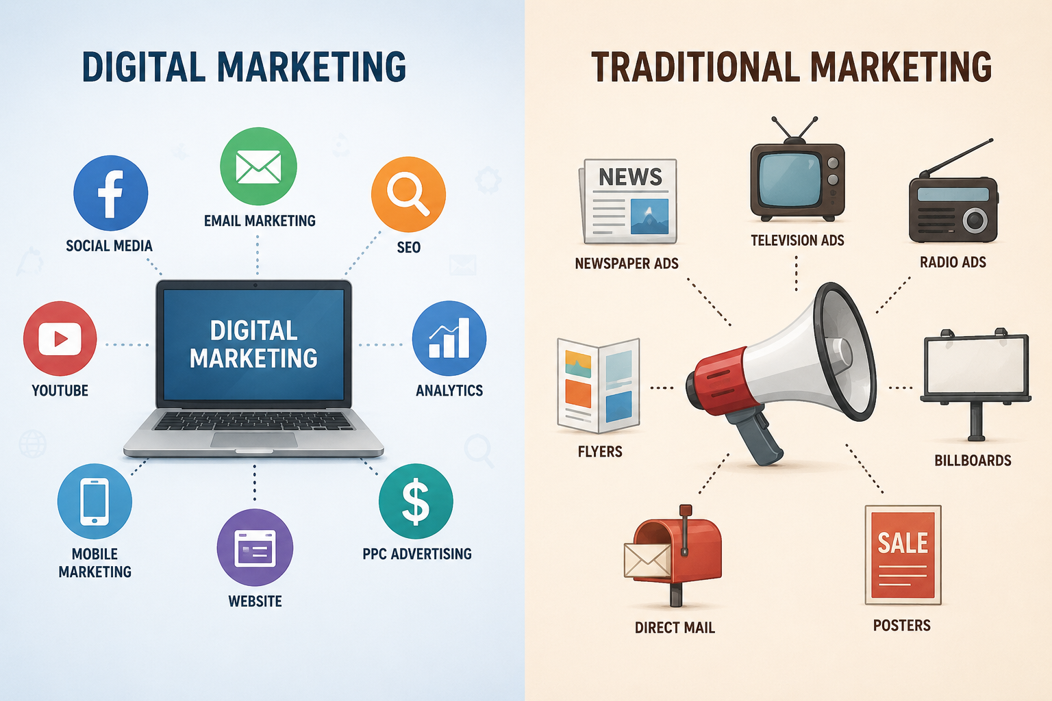 Digital marketing and traditional marketing comparison showing online marketing tools like social media, SEO, email, website, and analytics alongside traditional methods such as newspaper, TV, radio, flyers, billboards, and posters.
