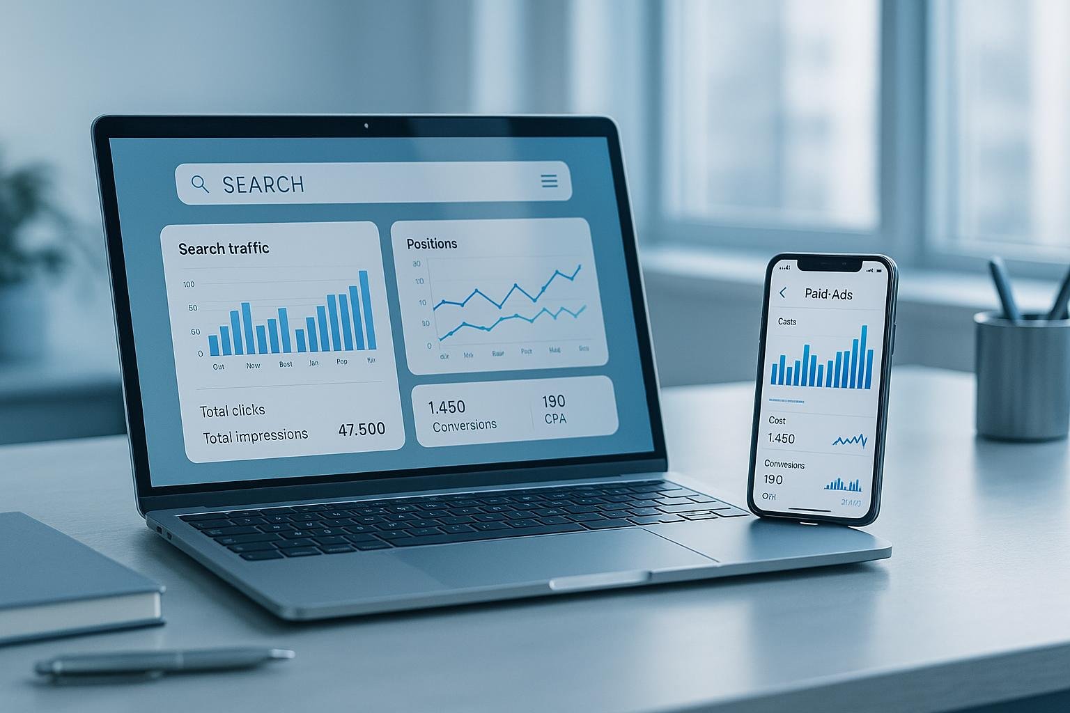 SEO and Google Ads performance metrics for comparing traffic and conversions.