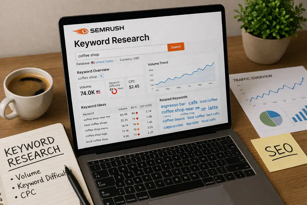 Keyword research for beginners illustrated with a laptop displaying SEO keyword analysis