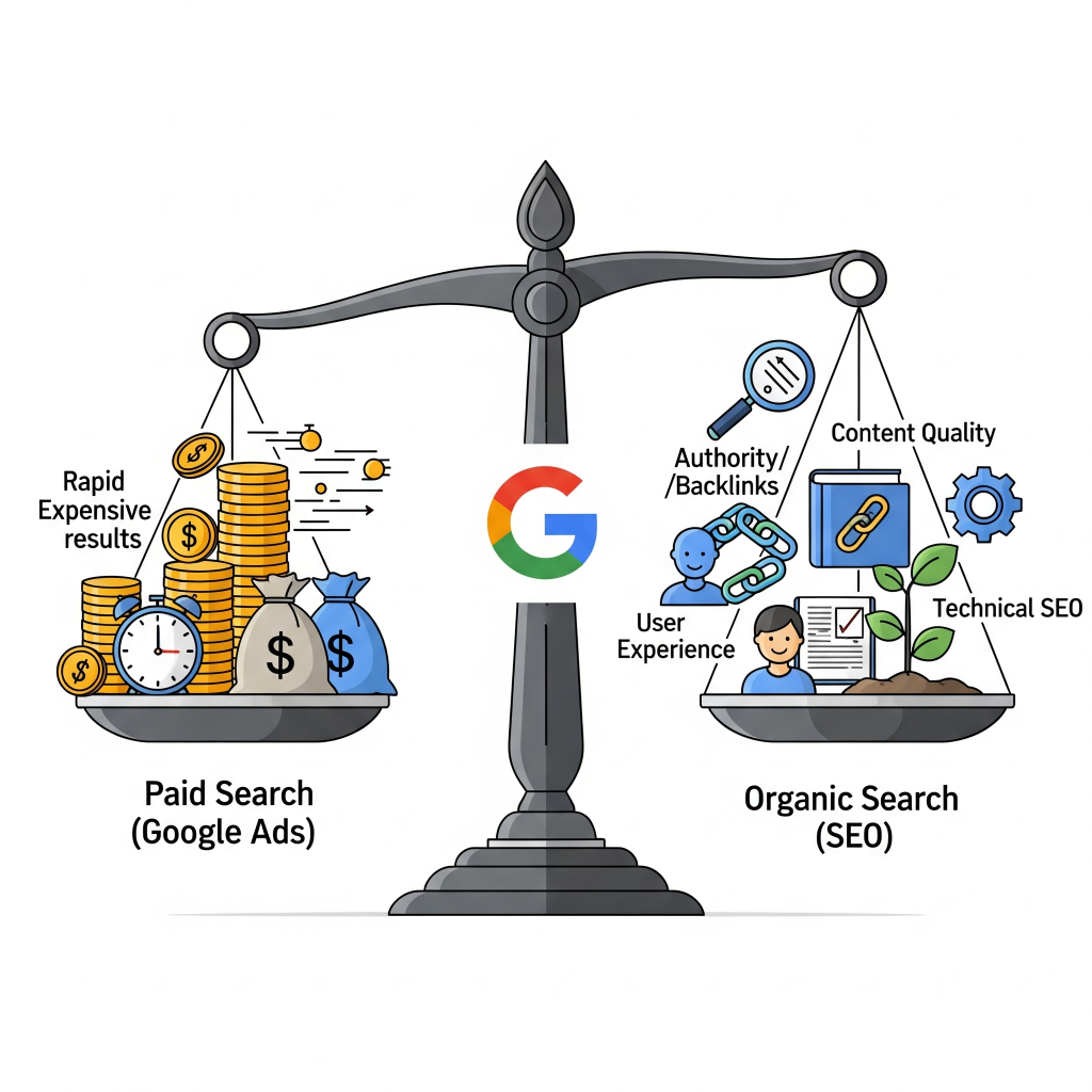 SEO vs Google Ads comparison showing organic search and paid advertising.